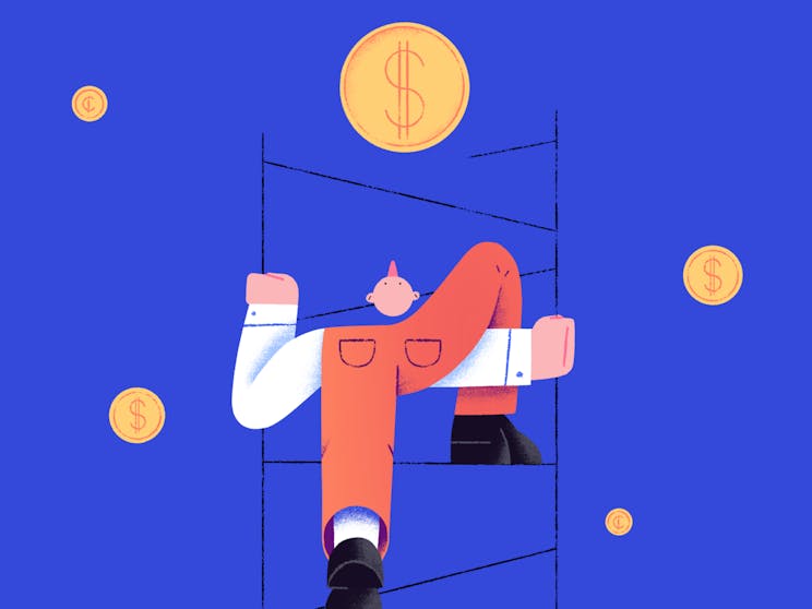 Illustration of a man climbing a ladder towards money.